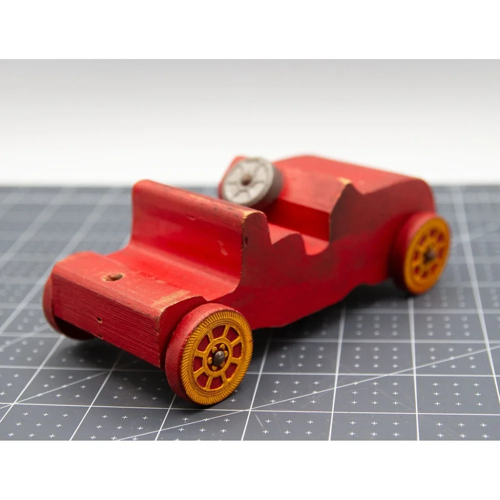 Vintage Red Wooden Toy Car Roadster Primitive Collectible‎ Yellow Spoked Wheels